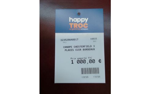 CANAPE CHESTERFIELD 3 PLACES CUIR BORDEAUX