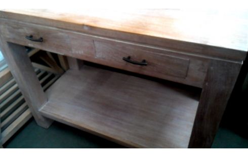 TABLE CONSOLE TECK MASSIF CERUSE 2 TIROIRS