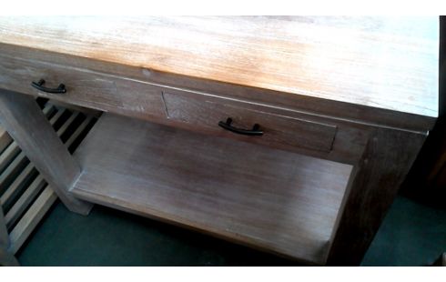 TABLE CONSOLE TECK MASSIF CERUSE 2 TIROIRS