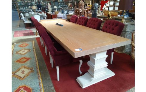 TABLE CERUSEE PIETEMENT PATINE 350X120 + 8 FAUTEUILS MARCOTTESTYLE