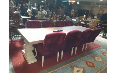 TABLE CERUSEE PIETEMENT PATINE 350X120 + 8 FAUTEUILS MARCOTTESTYLE