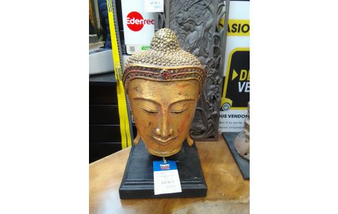 TETE BOUDDHA BOIS SUR SOCLE