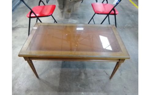 TABLE BASSE MARQUETERIE + PLATEAU VERRE