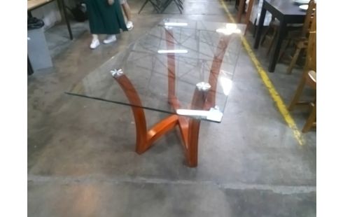 TABLE MODERNE PLATEAU VERRE PIEDS BOIS 85X165X77