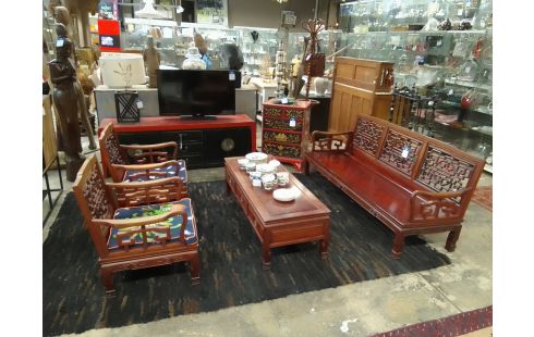 SALON CHINOIS BANQUETTE + 2 FAUTEUILS ACC + TABLE BASSE 3 TIROIRS