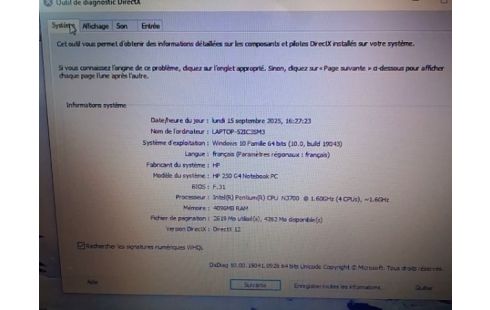 ORDINATEUR PORTABLE HP 250 G4 / WIN 10 / 4GO RAM / 500 GO / BATTERIE HS