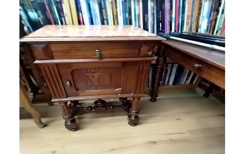 CHEVET 1 TIROIR MARBRE PIEDS TEINTÉ MERISIER