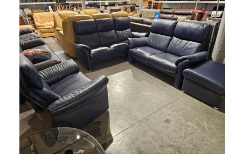 SALON CUIR BLEU 3+2+1+ POUF RELAX MAN