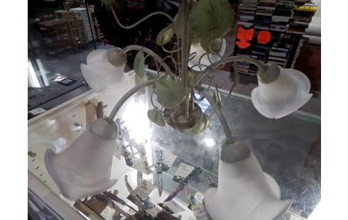 LUSTRE 5 BRANCHES VERRE BLANC FEUILLE METAL VERTE