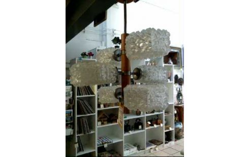 DECKENLAMPE HOLZ GLAS 60ER JAHRE 6-LEUCHTEN