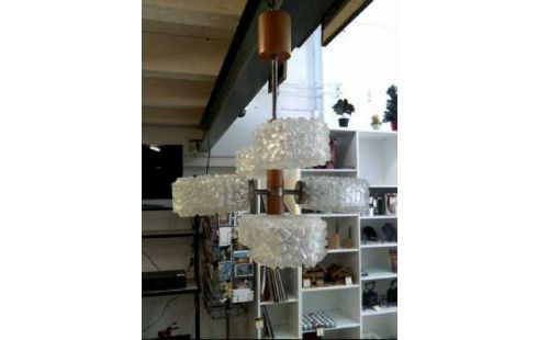 DECKENLAMPE HOLZ GLAS 60ER JAHRE 6-LEUCHTEN