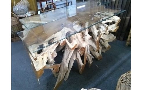 CONSOLE TECK ¨PLATEAU VERRE 140X45X82