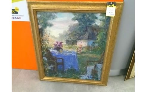 TOILE SIGNE MAISON EN FORET CADRE DORE