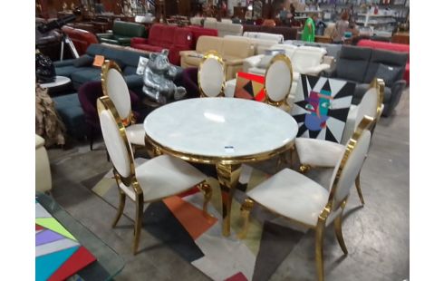 TABLE SALLE A MANGER RONDE DESSUS MARBRE + 6 CHAISES TISSU DORÉ