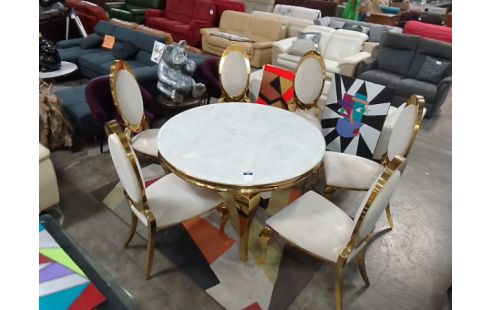 TABLE SALLE A MANGER RONDE DESSUS MARBRE + 6 CHAISES TISSU DORÉ