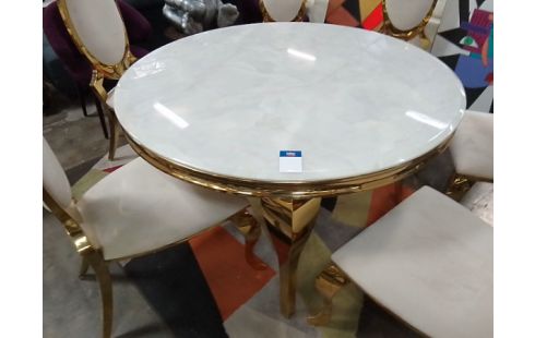 TABLE SALLE A MANGER RONDE DESSUS MARBRE + 6 CHAISES TISSU DORÉ