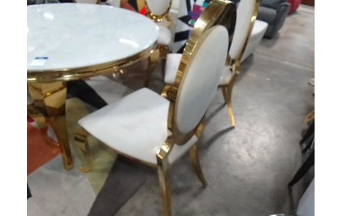 TABLE SALLE A MANGER RONDE DESSUS MARBRE + 6 CHAISES TISSU DORÉ