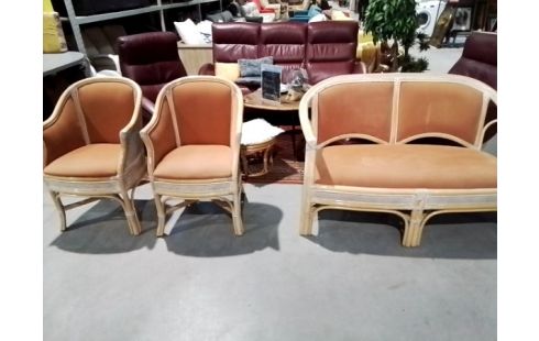 SALON ROTIN 3 PIÈCES TISSU ORANGE