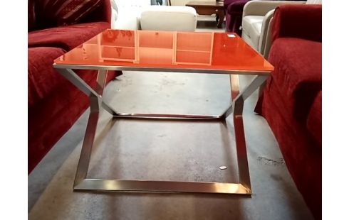TABLE BASSE design pied chrome verre orange