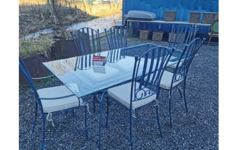 TABLE DE SALLE A MANGER VERRE ET MÉTAL + 6 SIÈGES AVEC GALETTES