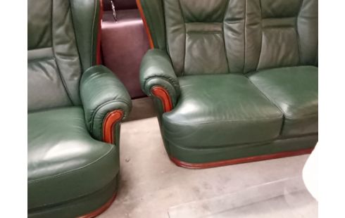 SALON CUIR VERT FINE BOISERIE 3+1+1