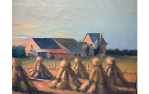 HUILE SUR TOILE PAYSAGE MEULE DE FOIN