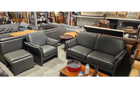 SALON CUIR GRIS 2 PLACES + FAUTEUIL + POUF