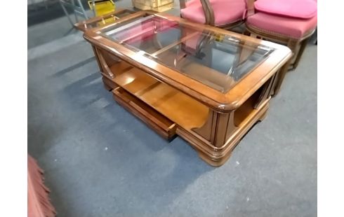 TABLE BASSE Merisier et verre extensible 1 tiroir