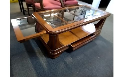 TABLE BASSE Merisier et verre extensible 1 tiroir