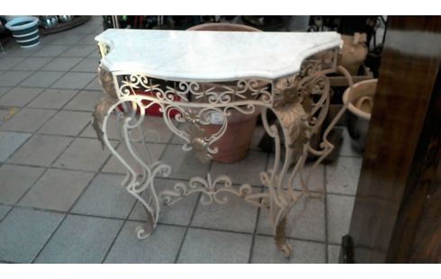 CONSOLE FER FORGE PLATEAU MARBRE BLANC EN L'ETAT