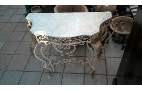 CONSOLE FER FORGE PLATEAU MARBRE BLANC EN L'ETAT
