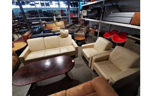 SALON HIMOLLA CUIR CRÈME 3 PLACES 2 FAUTEUILS