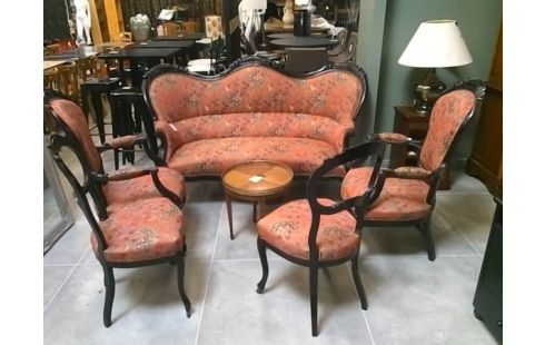 SALON ST NAPOLEON III BOIS NOIRCI ET TISSUS ROUGE 2 CHAISES/2 FAUTEUILS/1 CANAPE