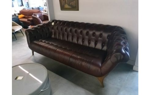 CANAPE CHESTERFIELD CUIR BORDEAU CAPITONNE