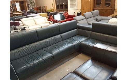 SALON D'ANGLE CUIR BLEU NUIT RELAX ELECTRIQUE