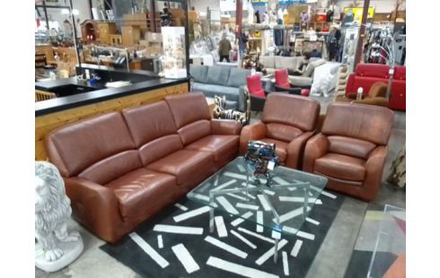 SALON CANAPE 4 PLACES + FAUTEUILS CLUB CUIR MARRON