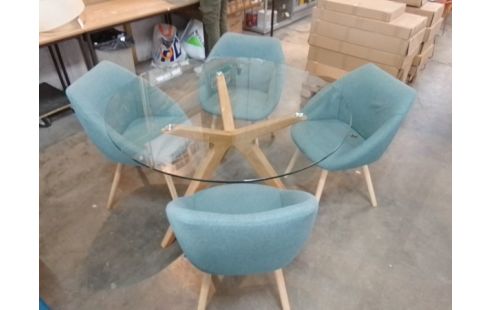 TABLE RONDE PIED CHENE + 4 CHAISES TISSU BLEU