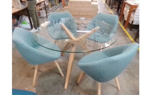 TABLE RONDE PIED CHENE + 4 CHAISES TISSU BLEU