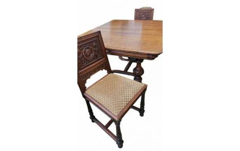 TABLE DE SALLE A MANGER HENRI II MET, , 6 CHAISES ALLONGE CHENE