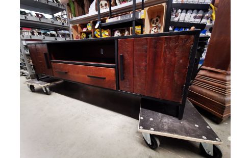 MEUBLE TV bois exotique et métal noir