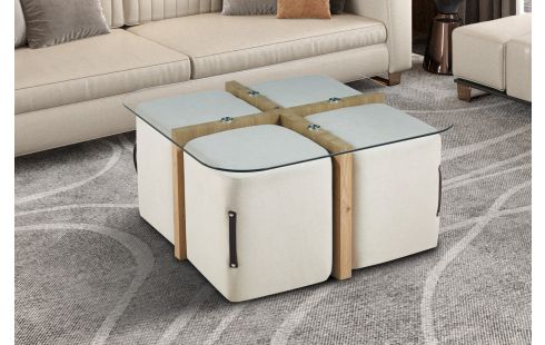 Table basse 'Shana' avec 4 poufs tissu Décor Chêne vieilli.