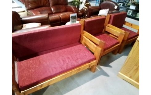 SALON 3P BOIS COUSSINS FRAMBOISE