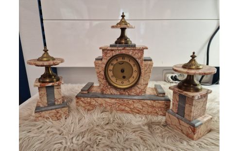 HORLOGE DE CHEMINEE MARBRE + 2 GANITURES