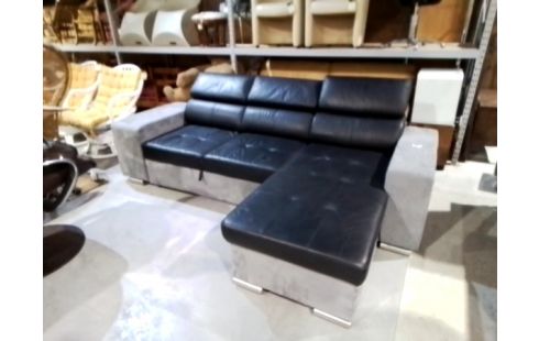 CANAPE D'ANGLE CONVERTIBLE CUIR NOIR PLUS 2 POUFS