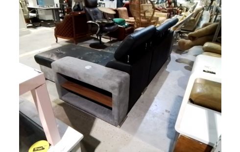 CANAPE D'ANGLE CONVERTIBLE CUIR NOIR PLUS 2 POUFS