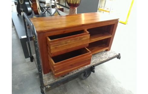 MEUBLE TV 2 TIROIRS BOIS EXOTIQUE