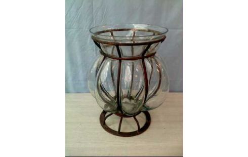 VASE GLAS GROß METALLGESTELL VINTAGE