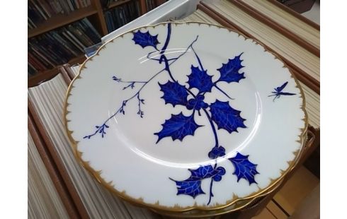 ASSIETTE BORDURE DOREE FEUILLES BLEUES MANSARD