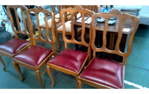 4 CHAISES STYLE LOUIS XV CHENE SIMILI CUIR