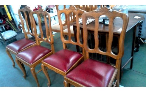 4 CHAISES STYLE LOUIS XV CHENE SIMILI CUIR